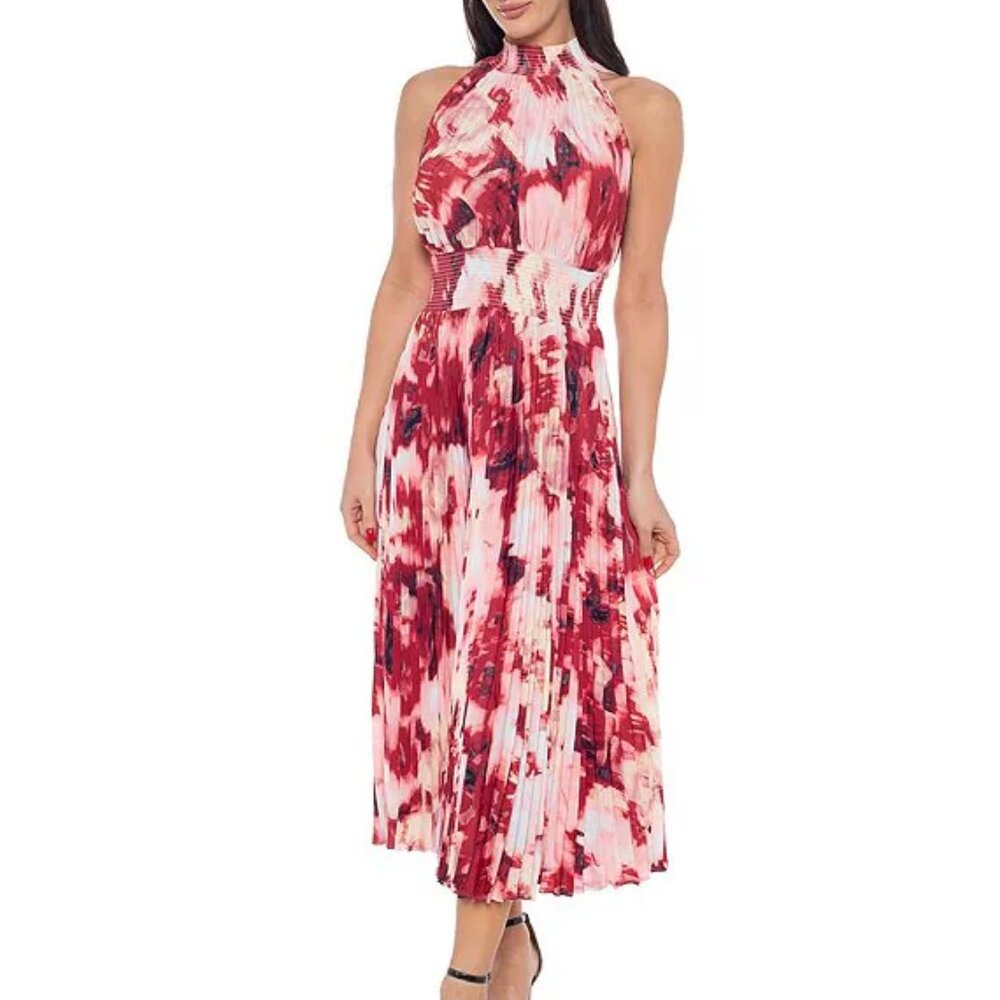 Tie Dye Pleated Mock Neck Sleeveless A-Line Midi Dress